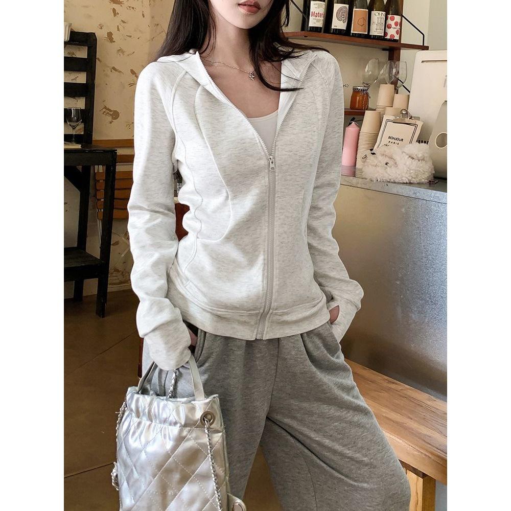 Grauer Kapuzen-Cardigan im koreanischen Stil für Damen, schmale Passform, lange Ärmel, tailliert, vielseitige Jacke
