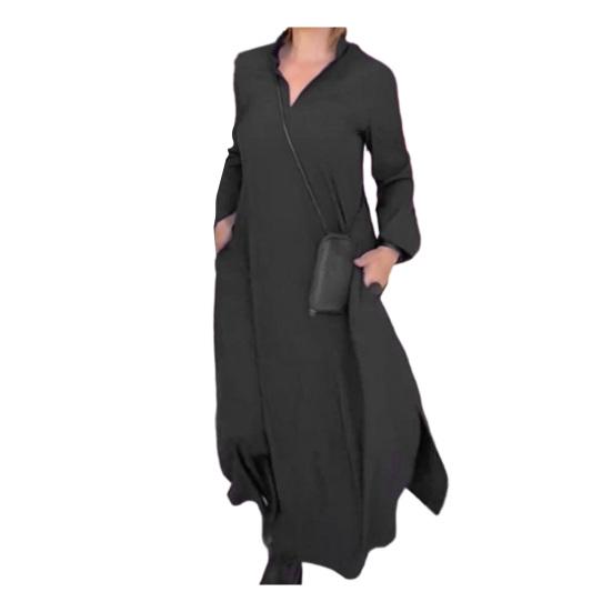 

Женское платье макси с лацканами и V-образным вырезом, большой размер, с разрезом подол, однотонное, с длинными рукавами, мягкое дышащее платье трапециевидной формы до щиколотки, осеннее весеннее платье L чёрный