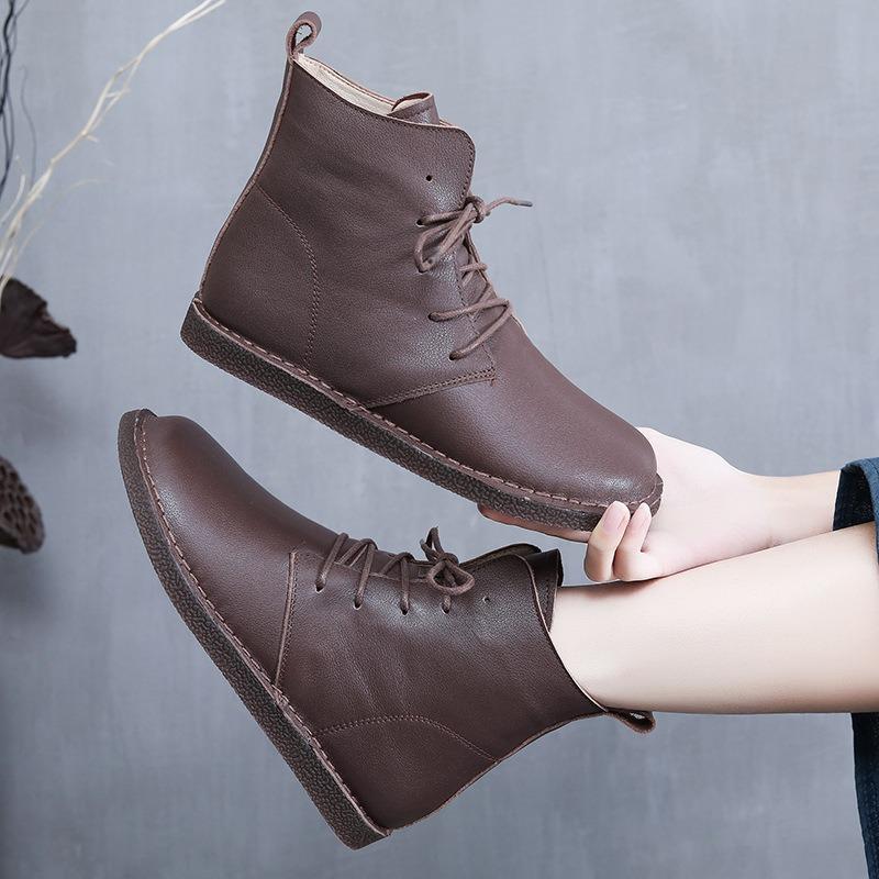 Handmade 100% Genuine Leather Short Boots Women's Flat Heel Big Head Boots Women Leisure Shoes Warm Women Boots