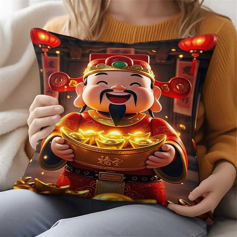 1pc God of Wealth Holding Ingot Pattern Double-Sided Printed Pillowcase, Festive New Year Style Cushion Cover, Soft and Comfortable Home Decor Throw P