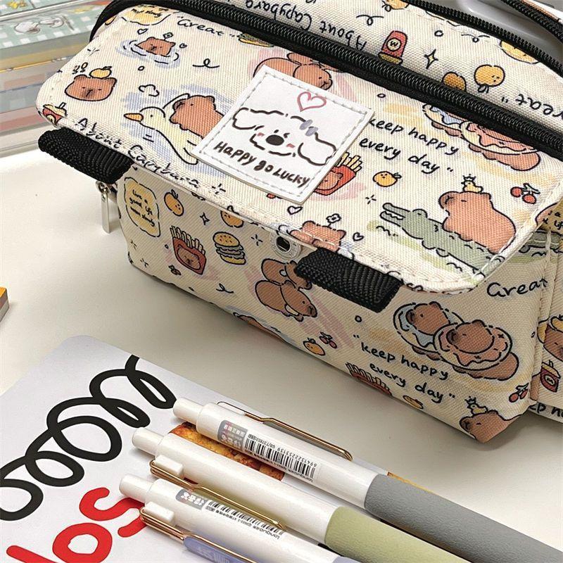 Capybara Flip Cover Pencil Case With Canvas Material For Students And Office Use