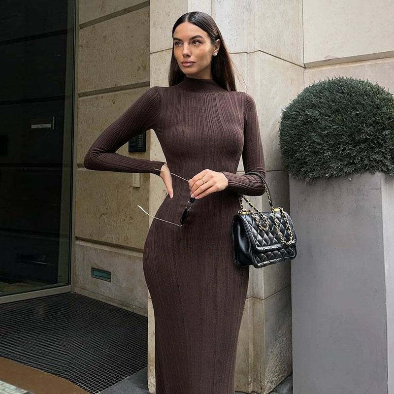 

Сексуальное полосатое облегающее трикотажное платье-свитер для женщин, осень-зима, элегантное платье-водолазка с длинными рукавами, макси-платье в стиле хип-хоп L коричневый