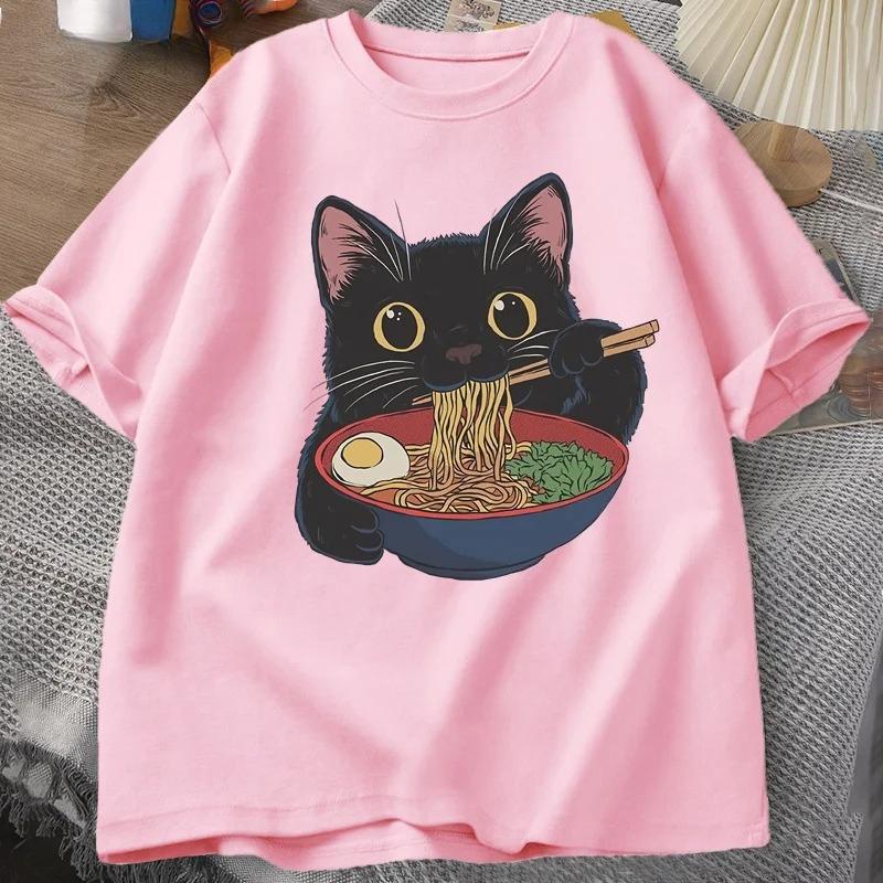 Japanese Ramen Cat T-Shirt Cute Cartoon Short-Sleeve Top Exclusively for Cat Lovers Wear Graphic T Shirts