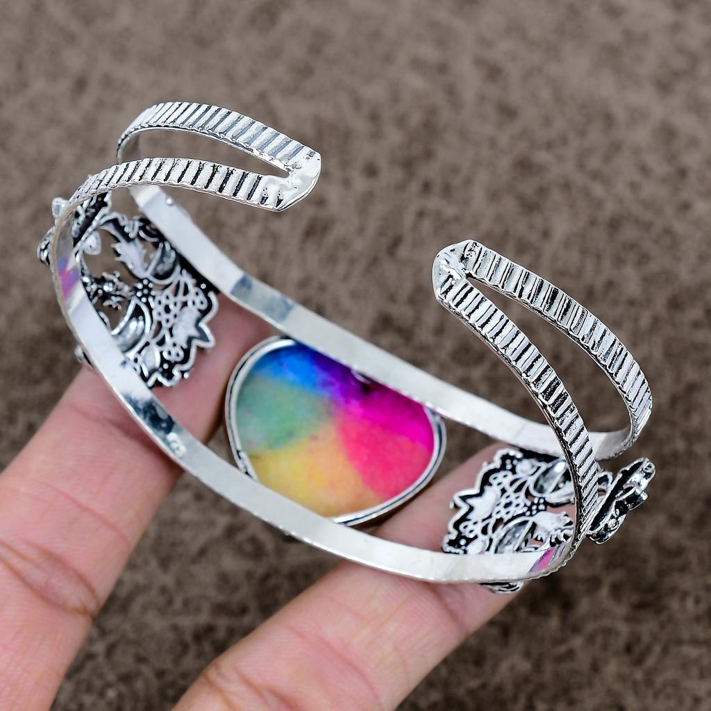 Rainbow Solar Quartz Gemstone 925 Sterling Silver Cuff Bangle Adjustable KKG-1071