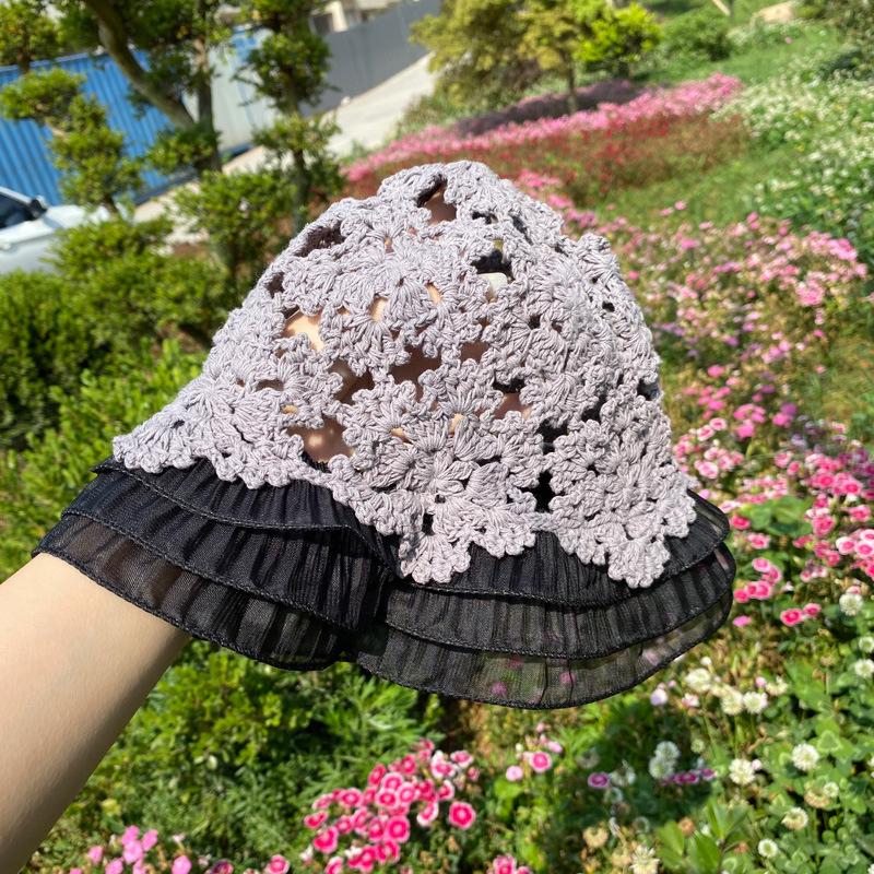 Fashion Woman Lace Knit Hollow Bucket Hats Crochet Thread   Flower Cute Girls' Sweet Romance Sunshade Knitted Breathable Hats