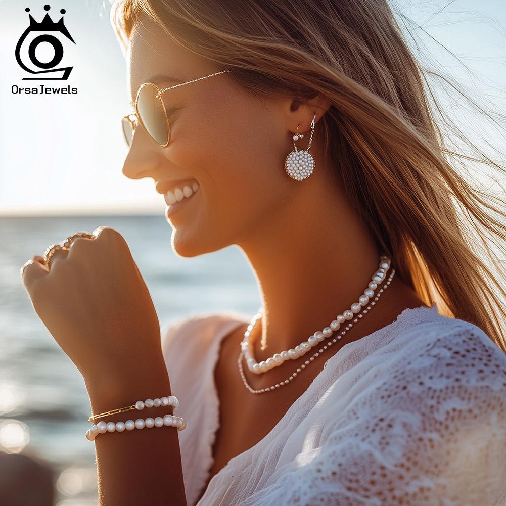 ORSA JEWELS 925 Silver Vintage Chunky Paper Clip Link Chain Bracelet with Pearl for Women Girls Fashion Jewelry GPB01