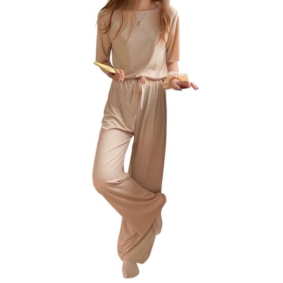 Casual Ice Silk Pajama Set with Round Neck T-shirt and Wide Leg Trousers