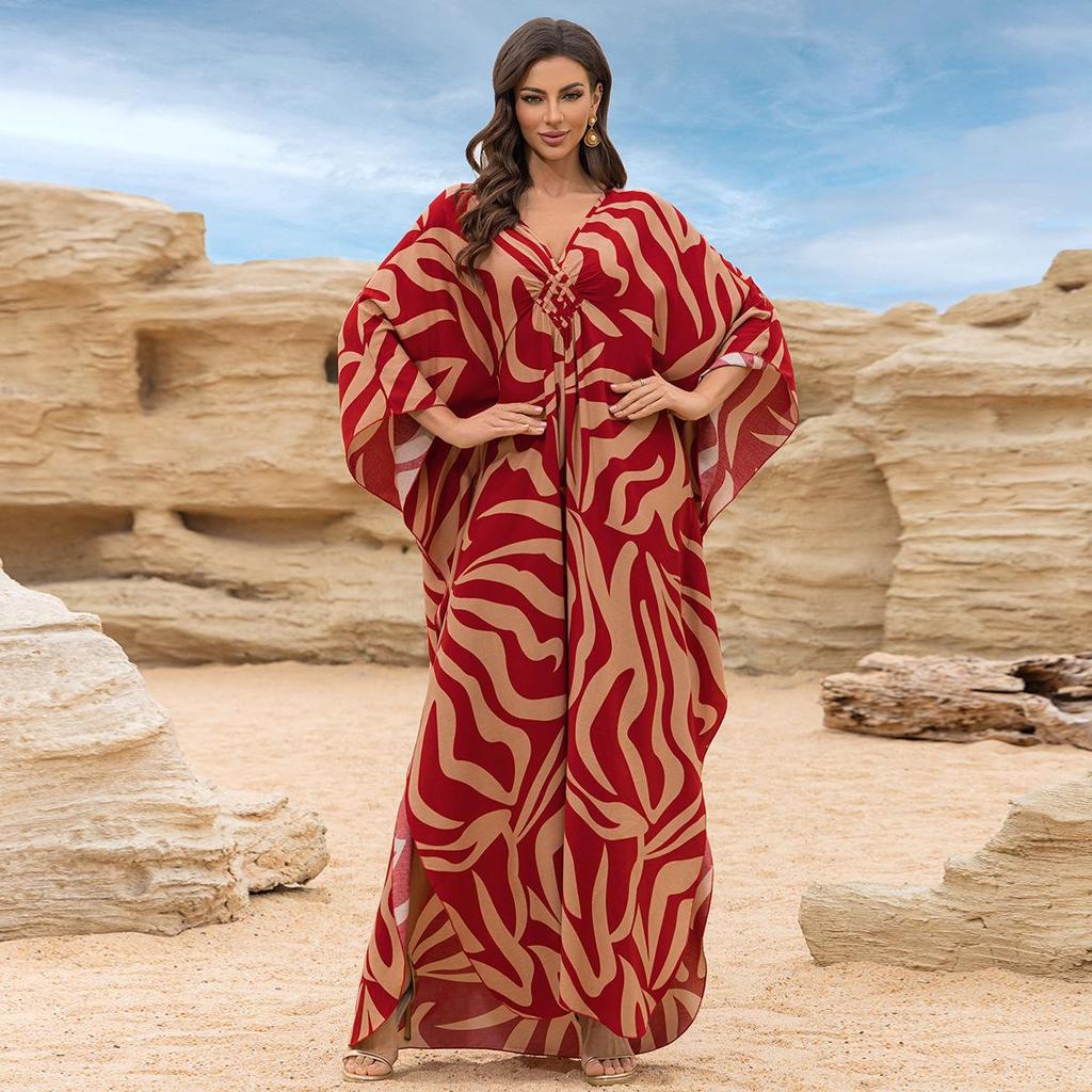 2025 European & American Cotton Printed Beach Dress Women's Long Loose Cover-Up with Sun Protection