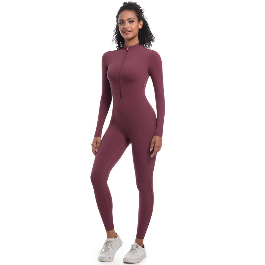New Style Halter Zip Slim Fit Solid Color High Elastic Long Sleeve Yoga Suit Athletic Running Workout Bodysuit