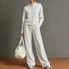 Dames 2-delige Outfit Set Staankraag Knopen Korte Jas Hoge Taille Wijde Pijpen Broek Casual Trainingspak