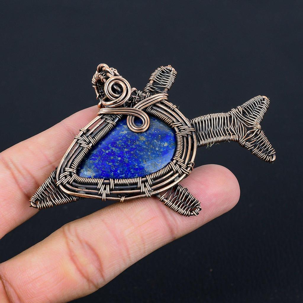 Unique Lapis Lazuli Gemstone Handmade Pure Copper Wire Wrapped Fish Pendant Jewelry