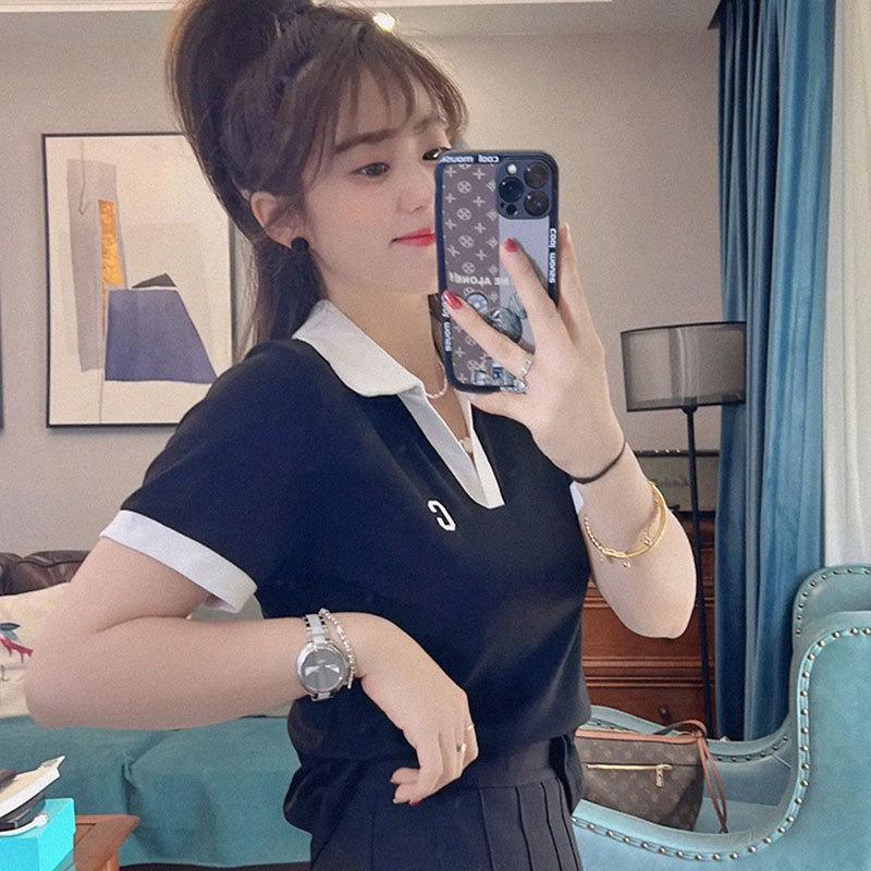 

Женская рубашка-поло с V-образным вырезом больших размеров - Прямое плечо, Короткий рукав, Приталенный топ, скрывающий живот, на лето 2025 M (Recommended 80-95 jin) чёрный