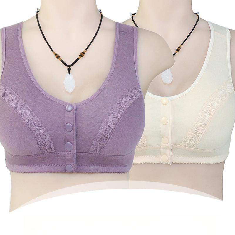 Lace Flower Front Button Underwear Women's Vest Style Middle-aged and Elderly Bra Large Size No Steel Ring Underwear