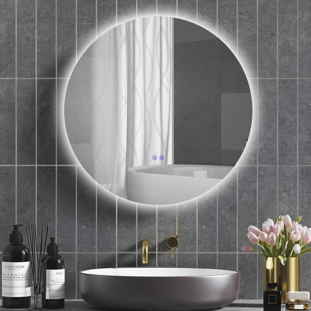 Round LED Illuminated Bathroom Mirror diameter 80 cm Wall-Mounted with Lighting Touch Switch Anti-Fog System
