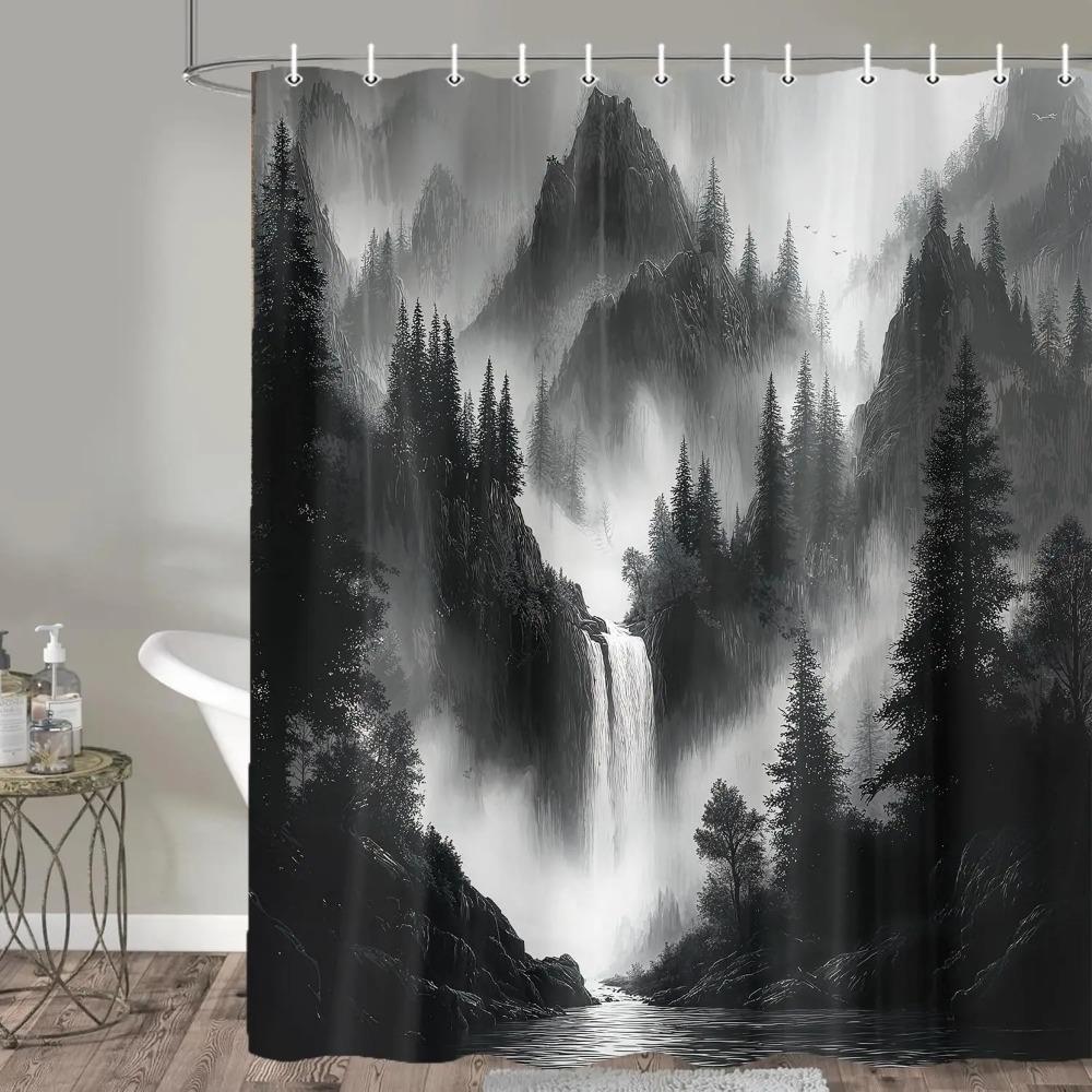 Black Modern Printed Shower Curtain Dark Grey Misty Forest Waterfall Nature For Bathroom Decor