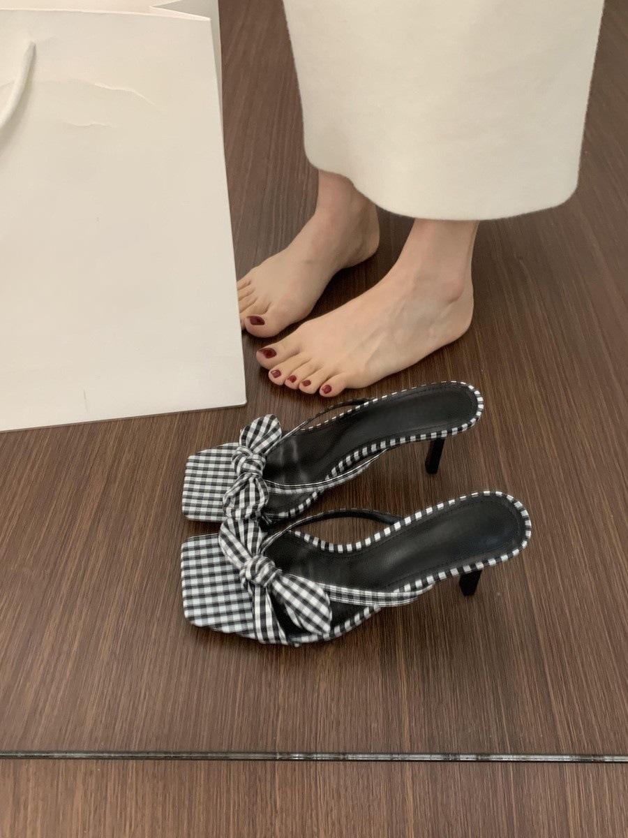 

French niche fairy wind bow word tape recording cool slippers women summer wear beautiful high-heeled sandals 34