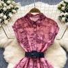 Women's Lapel Collar Vintage Midi Shirt Dress Summer Runway Pleated Short Sleeve Retro Jungle Print Belt Ladies Midi Dresses