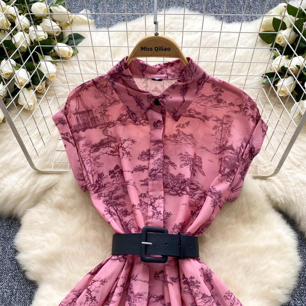 Women's Lapel Collar Vintage Midi Shirt Dress Summer Runway Pleated Short Sleeve Retro Jungle Print Belt Ladies Midi Dresses