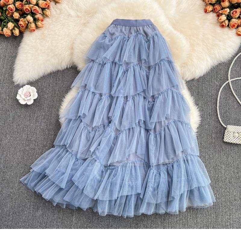 Long Skirts Womens Spring Korean Solid A Line High Waist Mesh Tiered Maxi Skirt Female