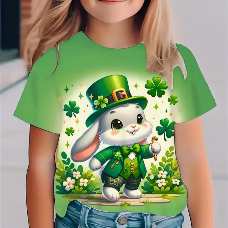 Kids T-shirt 3d Print New Minimalist 3D Printed Small Fresh Clover Pattern Girls' Round Neck Short Sleeved T-shirt