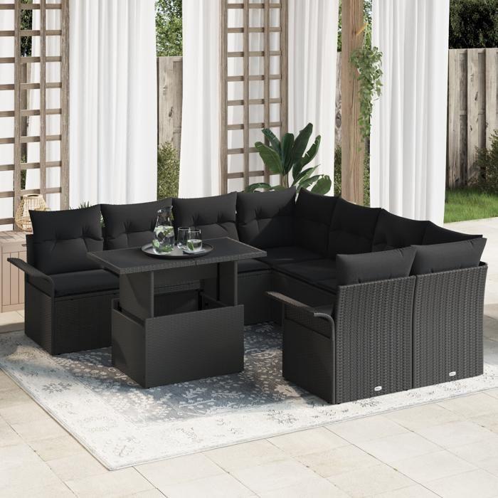 VidaXL Ensemble de canapé de jardin 9 pièces avec coussins noir poly rotin 3348259
