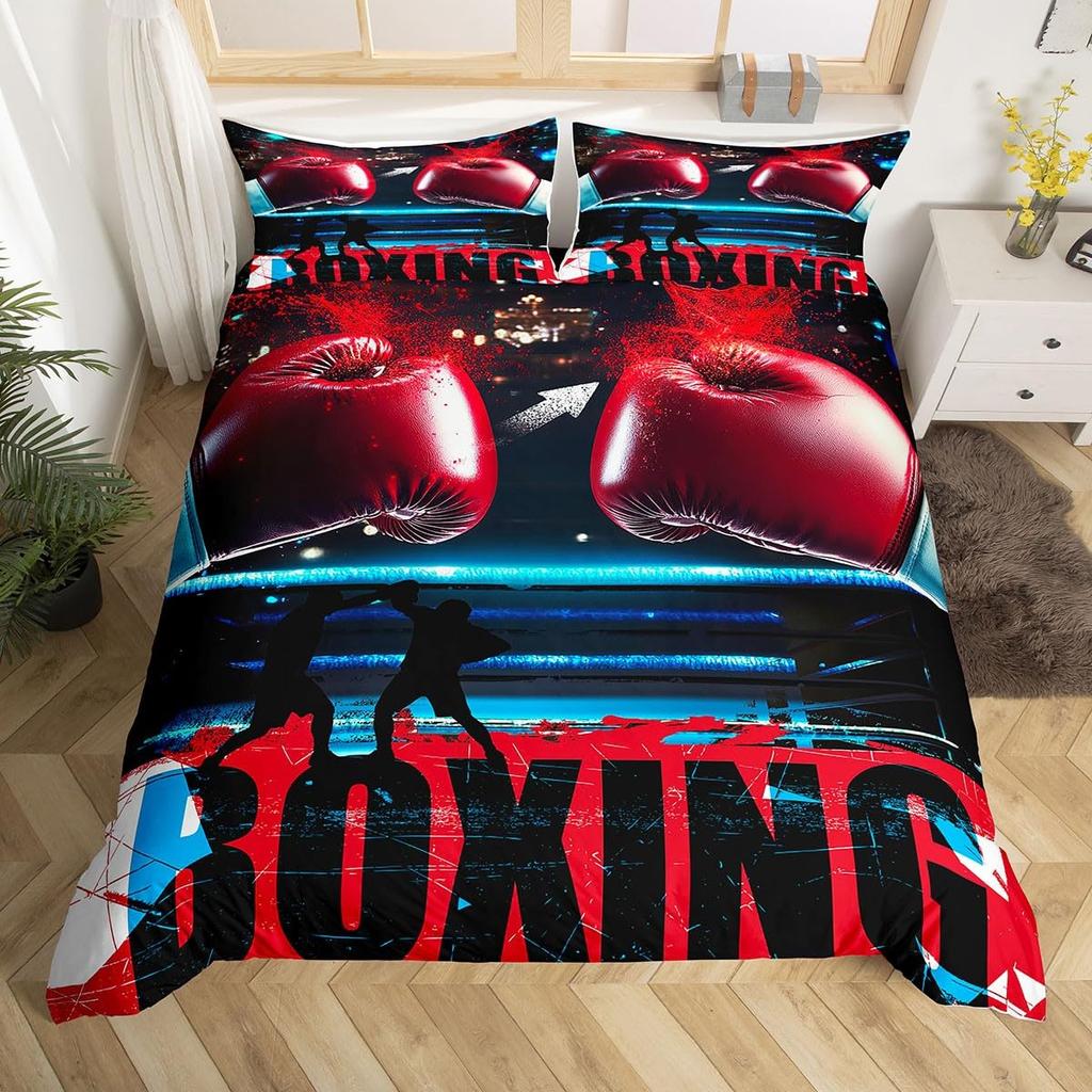 Boxing Sport Duvet Cover Set Golden Boxing Gloves Comforter Cover Kids Boys Teens Yellow Fire Print Duvet Covers with Pillowcase