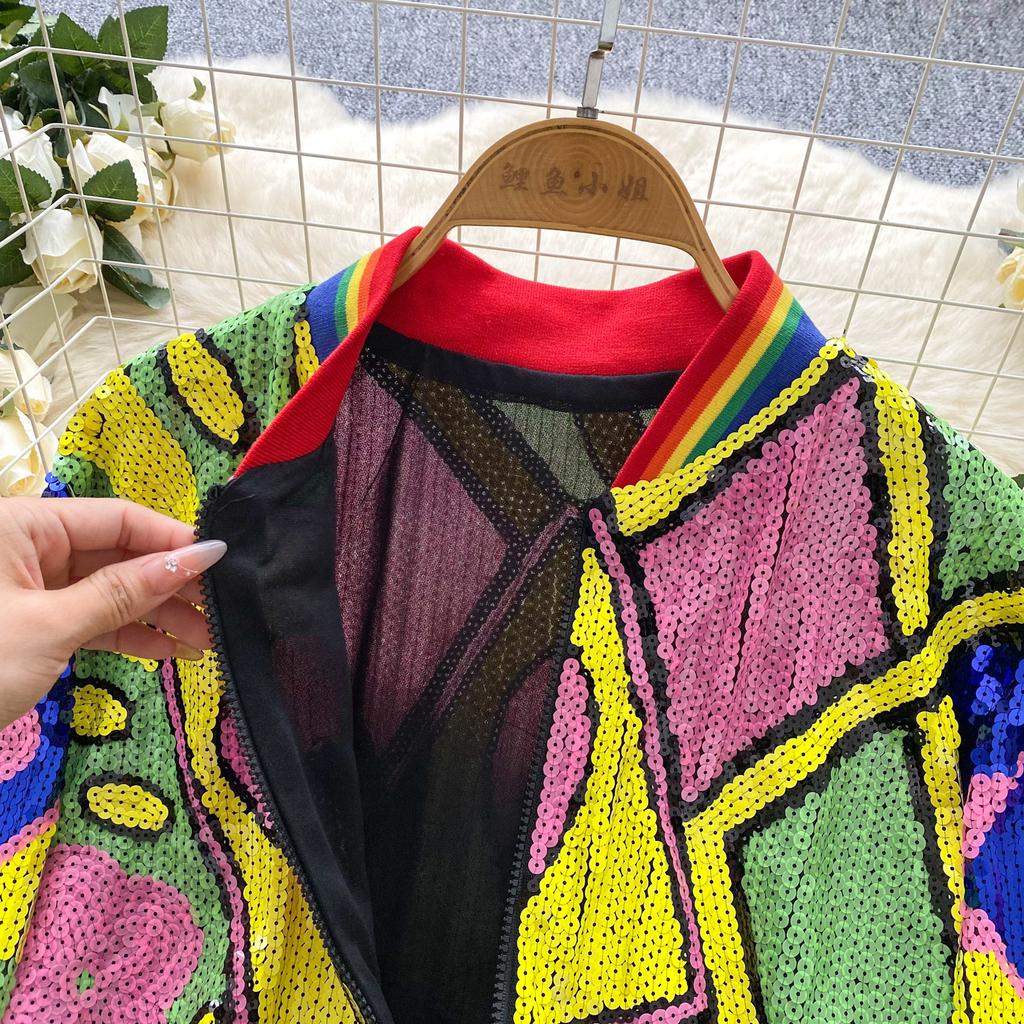 Vintage Long-sleeved Coat Women's Autumn Heavy Industry Irregular Sequins Design Street Nightclub Hot Girl Top Tide