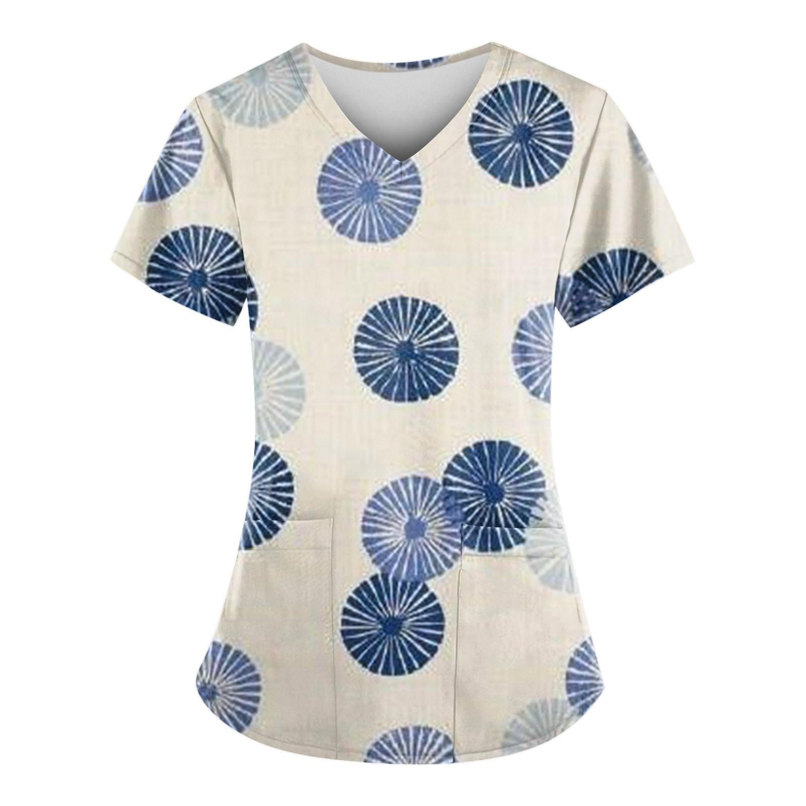 

Женская мода с v-образным вырезом, короткими рукавами и карманами, топы с принтом XXL бежевый