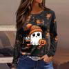 Women's Fashion Long Sleeve Top with Halloween Print and Side Slits, Round Neck