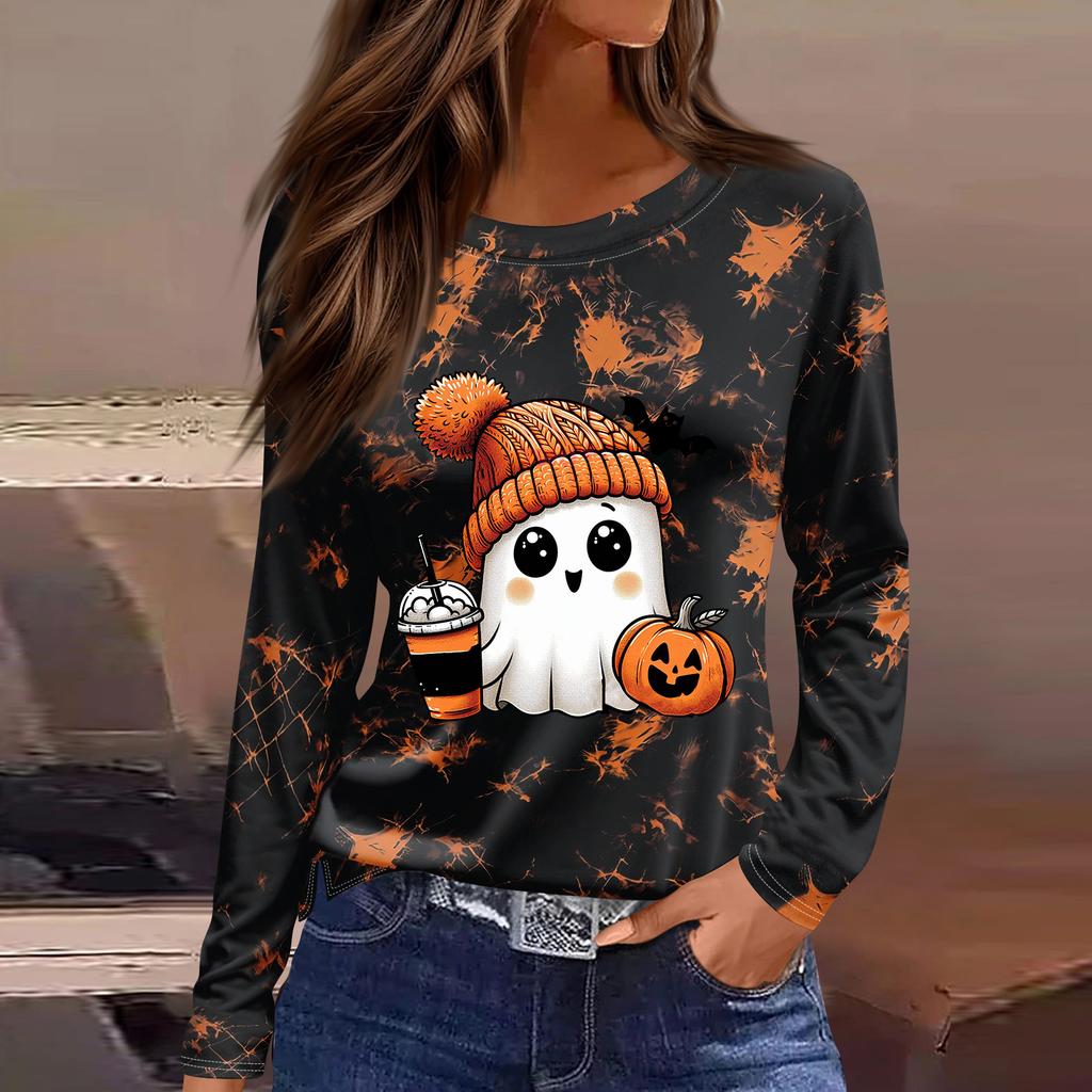 Women's Fashion Long Sleeve Top with Halloween Print and Side Slits, Round Neck