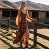 Vintage Plaid Long Sleeve Maxi Dress High Waist Slim Fit U Neck Lantern