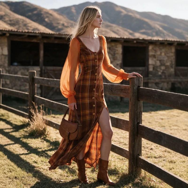 Vintage Plaid Long Sleeve Maxi Dress High Waist Slim Fit U Neck Lantern