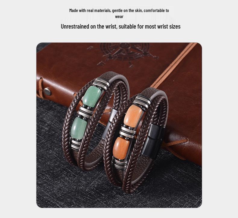 Men's Tiger Eye Woven Leather Bracelet - European & American Retro Style with Stainless Steel Handmade Jewelry.