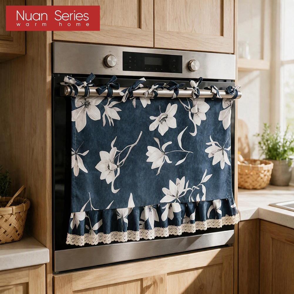 1PC Nuan Series American Countryside Printed Oven Skirt, Lotus Leaf Lace Edge Decorative Oven Door Curtain for Kitchen Home Decor