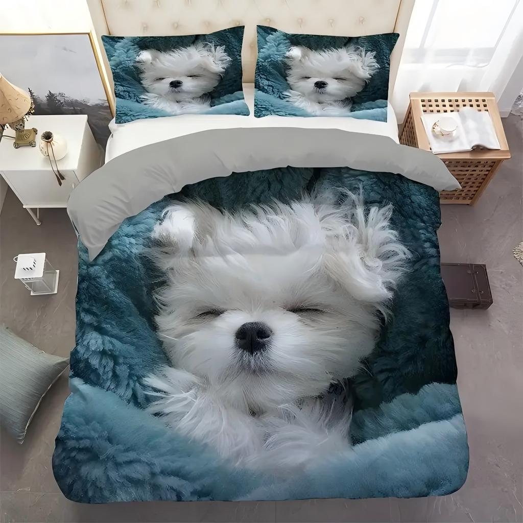 Comforter Cute White Dog 3D Print Bedding Set For Kids Teens Adult Animal Theme Soft Comfortable Home Textiles Set