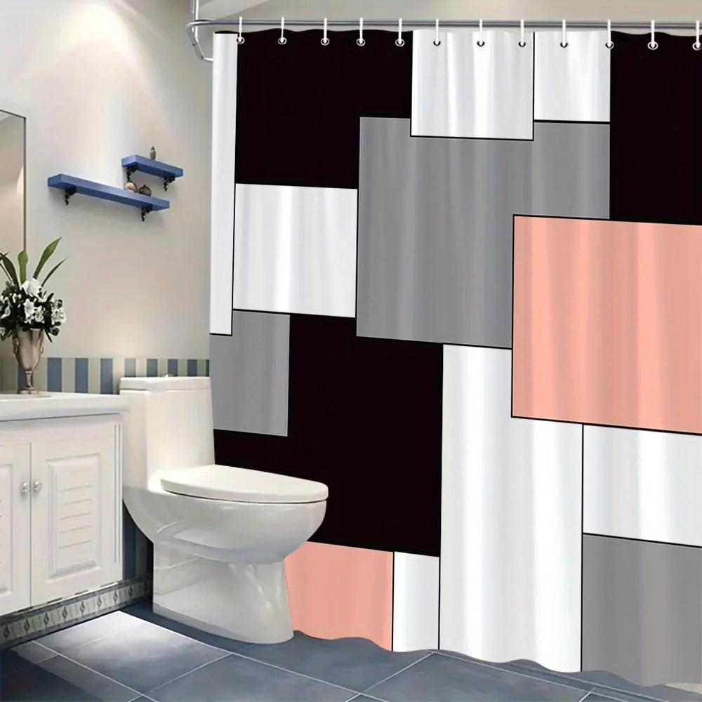 1pc Modern Geometric Abstract Squares Shower Curtain - Black, White, Gray & Peach, Machine Washable, Contemporary Bath Decor