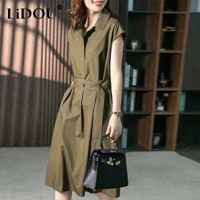 Summer Harajuku Elegant Fashion Solid Waist Lace Up Midi Dress Ladies Short Simple Temperament Robe Dresses Vestidos De Fiesta