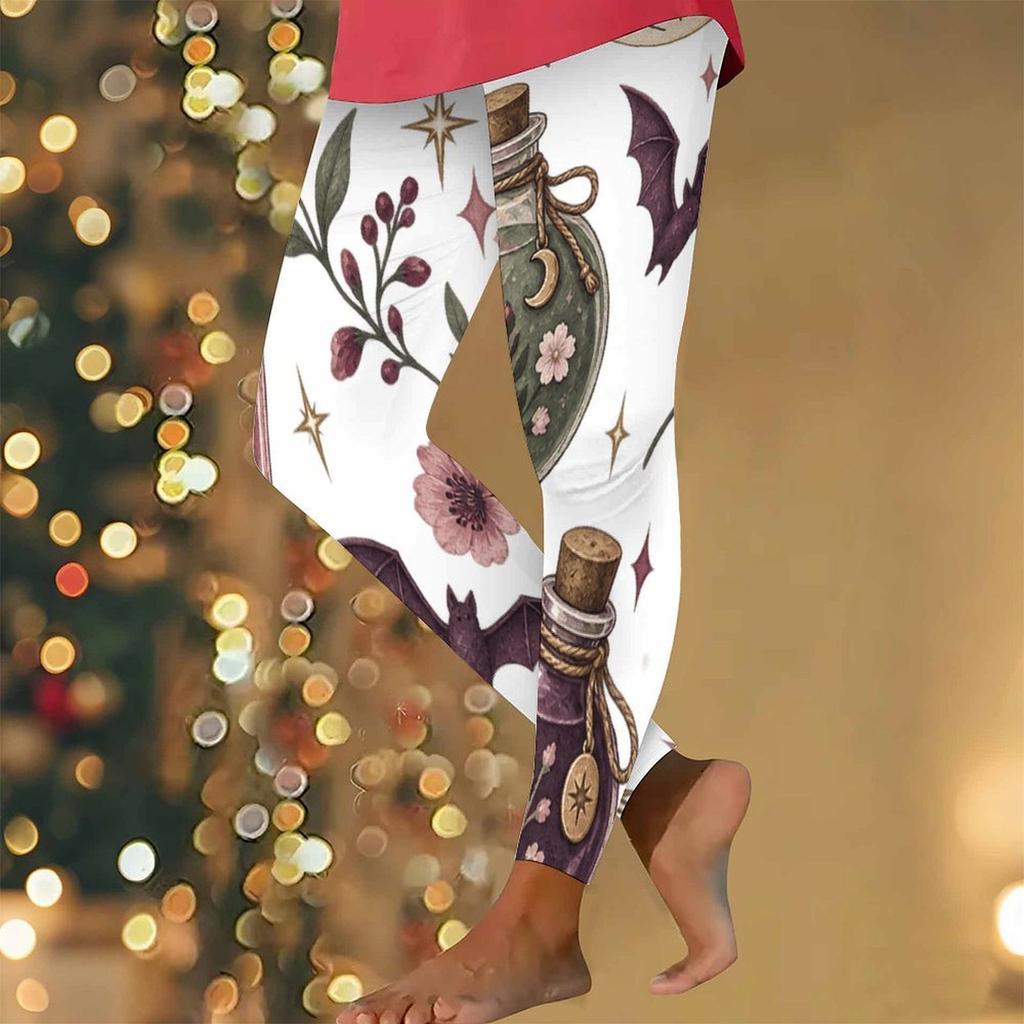Women Plus Size High Waist Full Length Fitted White Printed Mushroom Floral Yoga Leggings