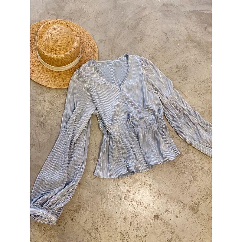 

Original Slim Looking Shiny Scale Wave Light V Neck Elastic Waist Long Sleeves Shoelace Tops Light Blue