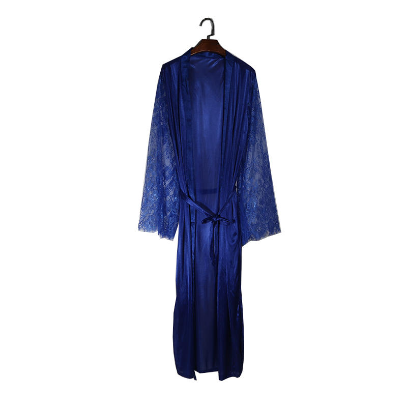 Women Lace Stitching Long Bathrobes Nightgown Soft Silk Dressing Gown Bath Robe Large Size Sexy Pajamas