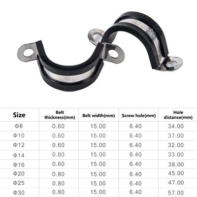 2Pcs/Lot 304 Stainless Steel Rubber Lined U Clips Cable Mounting Hose Pipe Clamp