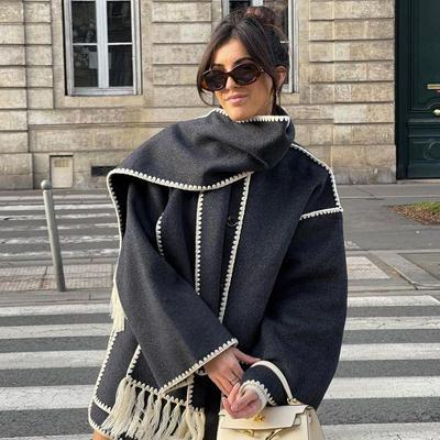 European & American Women's 2023 Autumn/Winter Woolen Coat with Scarf Tassel - Thick, Loose Fit Fashion.