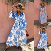 European and American New Long-sleeved Pleated Waist Printed V-neck Dress for Women
