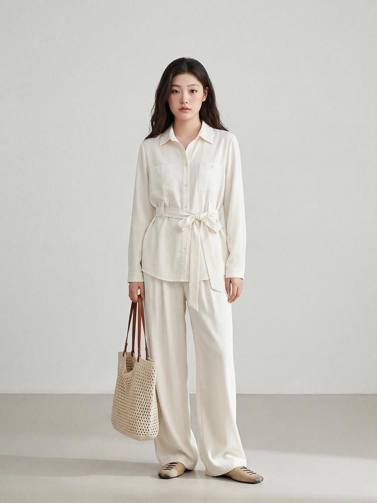 Plus Size Spring Slimming Two-Piece Set: Long Sleeve Lapel Top & High Waist Wide Leg Pants