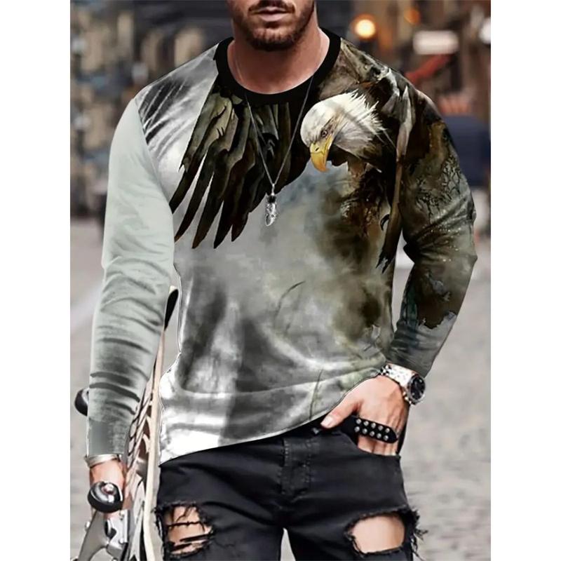 3D-gedrucktes T-Shirt mit Drachen- und Adlermotiv für Herren, cooles Tiermuster, T-Shirts für den Herbst, lässig, lange Ärmel, O-Ausschnitt, lose T-Shirts