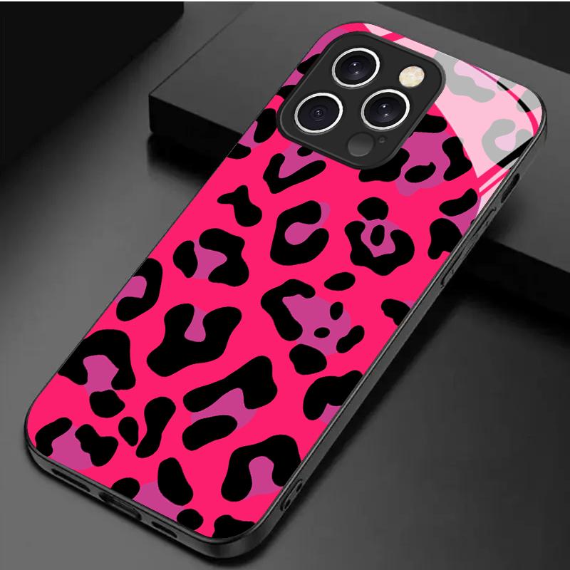 Capa de celular de vidro temperado com estampa de leopardo rosa adequada para iPhone 17 16 15 14 13 12 11 Pro/ Max /Plus anti-queda e à prova de choque