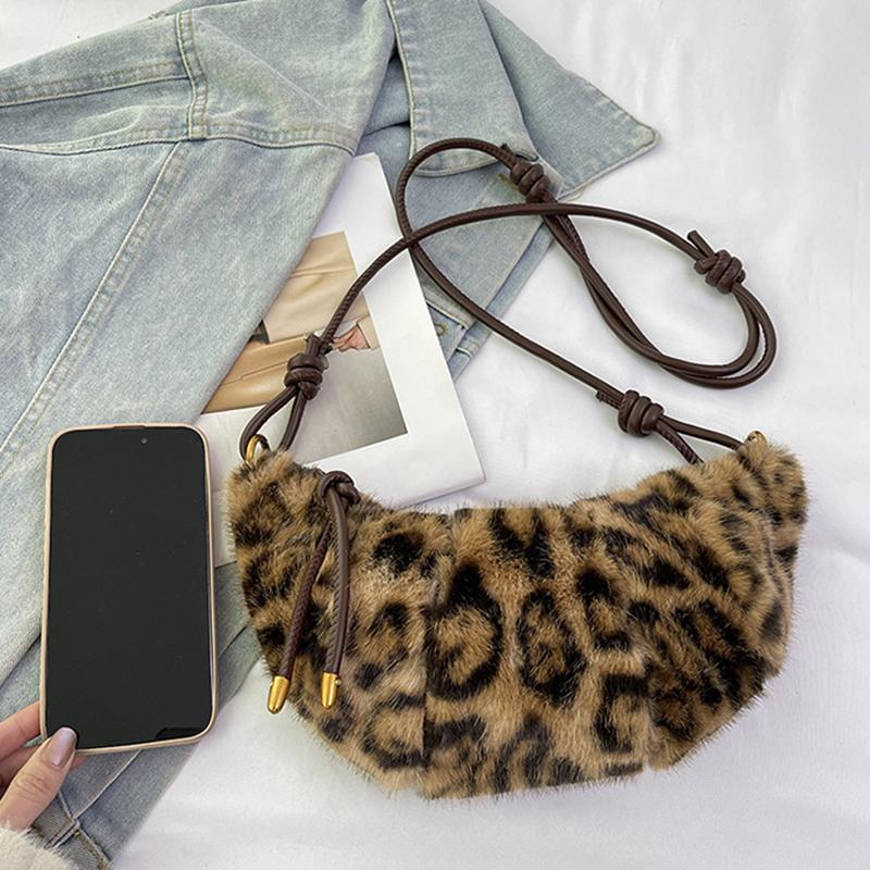 Leopard Print Faux Fur Shoulder Bag Vintage Women Plush Warm  Adjustable Strap Crossbody Bag CLE