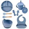 Lebensmittelechtes Silikon Kindergeschirr Set Baby Fütterungsschale Saugplatte Becher mit Strohhalm Holzlöffel Gabel für Kinder Geschirr Kleinkind Geschirr