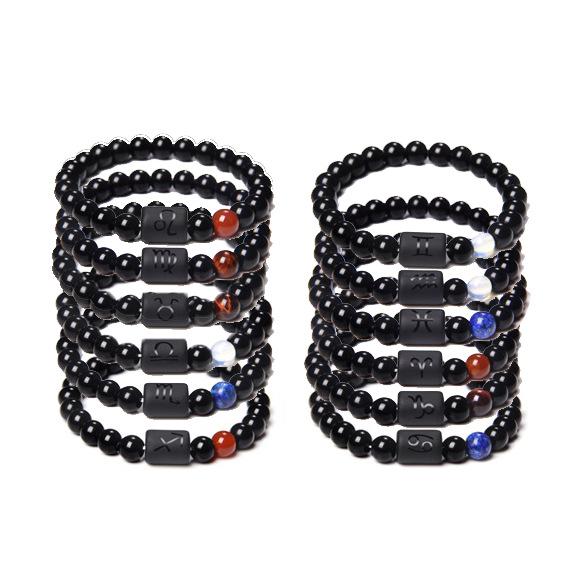 Fashion Jewelry Charm Unisex Black Stone Beads 12 Zodiac Signs Constelation Couple Bracelet