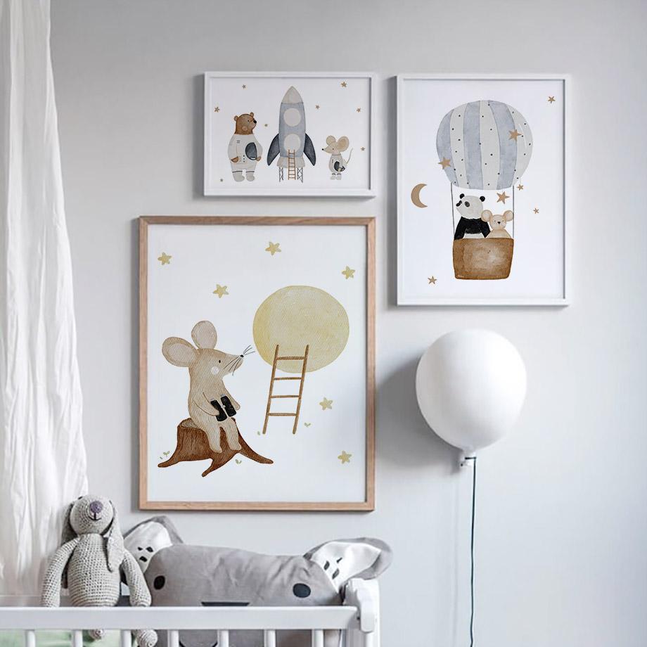 Boho Space Rocket Bear Panda Mouse Nursery Posters Cartoon Wall Art Print Canvas Painting Baby Kids Room Home Decoration Picture